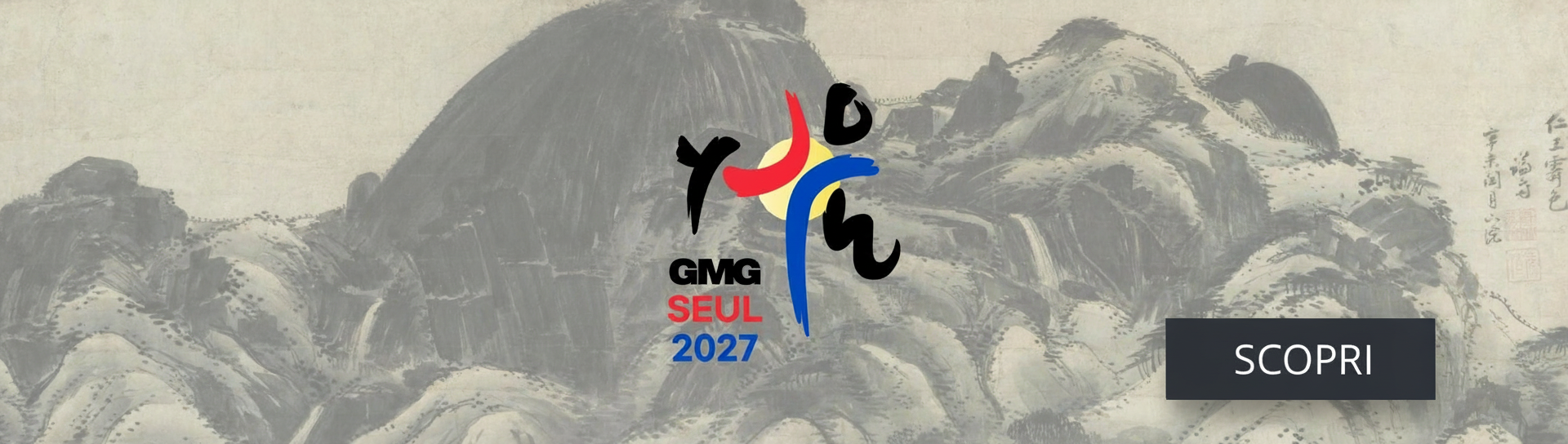 Immagine con sfondo orientale e al centro logo della gmg di seul 2027